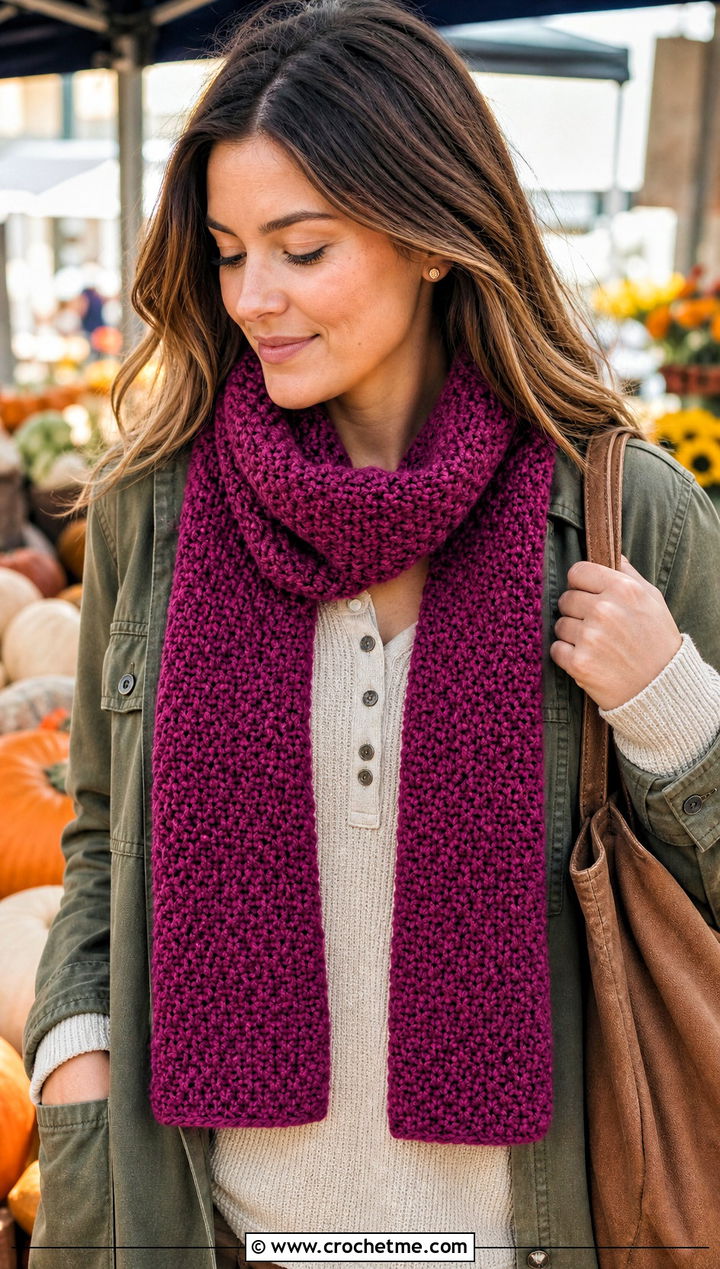 Moss Stitch Crochet Scarf With Shacket And Corduroy Pants - 35 fun crochet scarf outfit ideas
