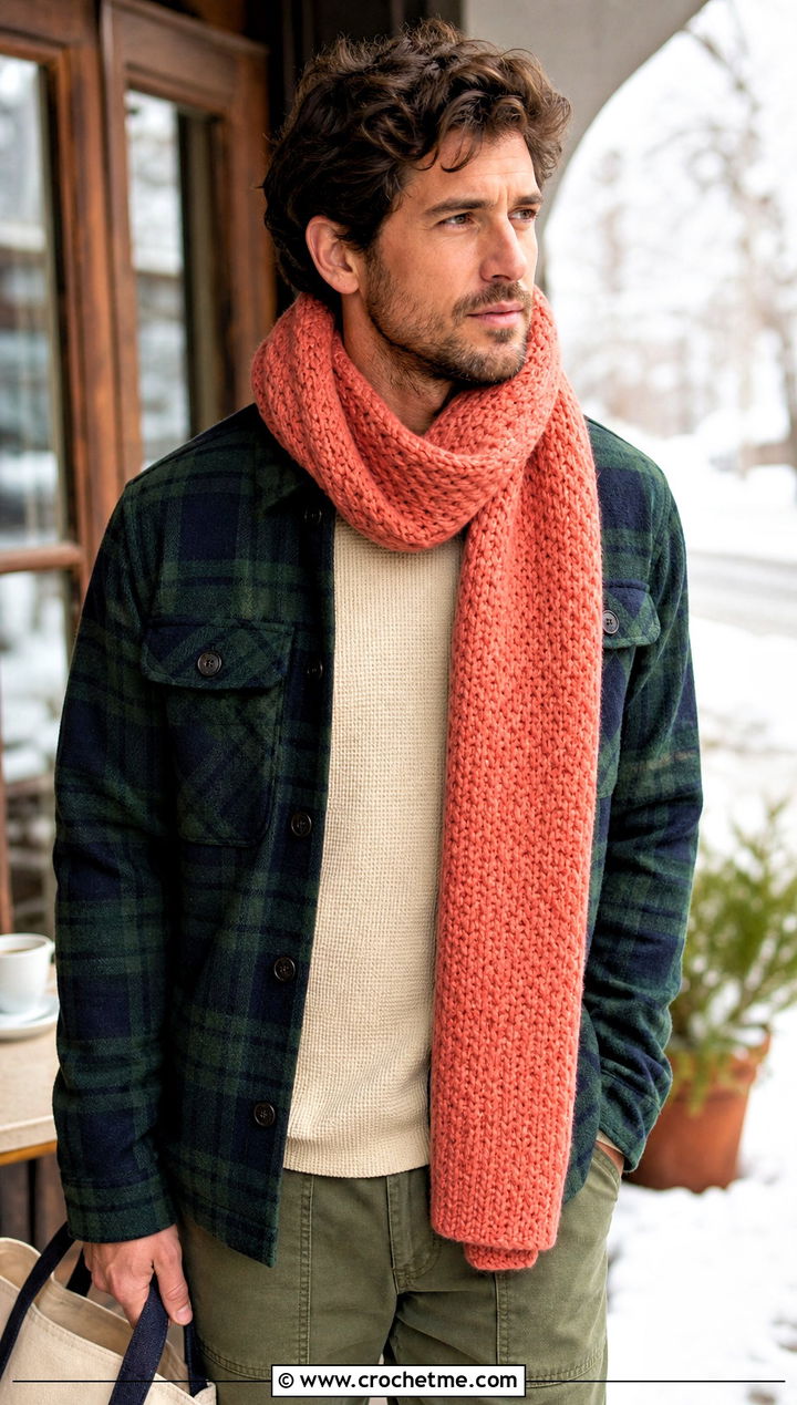 Moss Stitch Crochet Scarf With Shacket - 20 Mens Winter Crochet Scarf outfit ideas