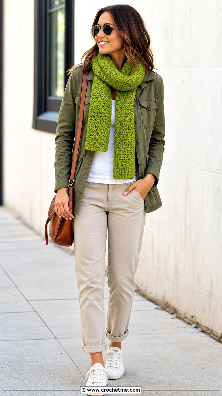 Moss Stitch Crochet Scarf With Utility Jacket and Chinos - 35 easy one skein crochet scarf outfit ideas