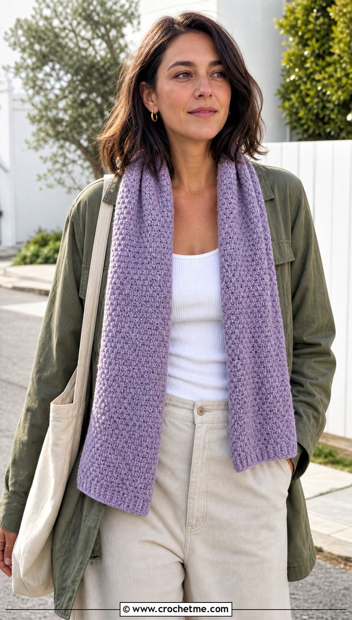 Moss Stitch Crochet Scarf With Utility Jacket - 20 Crochet Textured Scarf outfit ideas