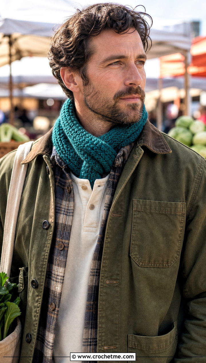 Moss Stitch Crochet Scarf With Workwear Jacket - 20 men's crocheted scarf outfit ideas