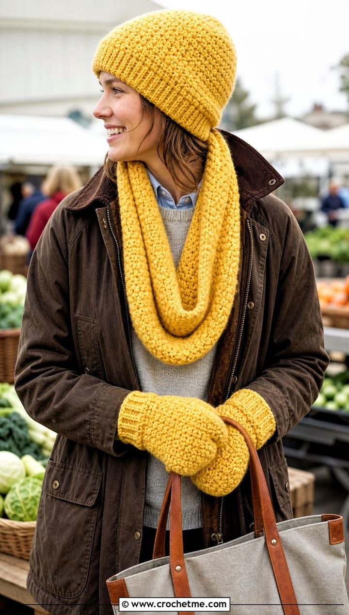 Moss Stitch Crochet Set With Barn Jacket - 20 Crochet Hat Mittens Scarf Set outfit ideas