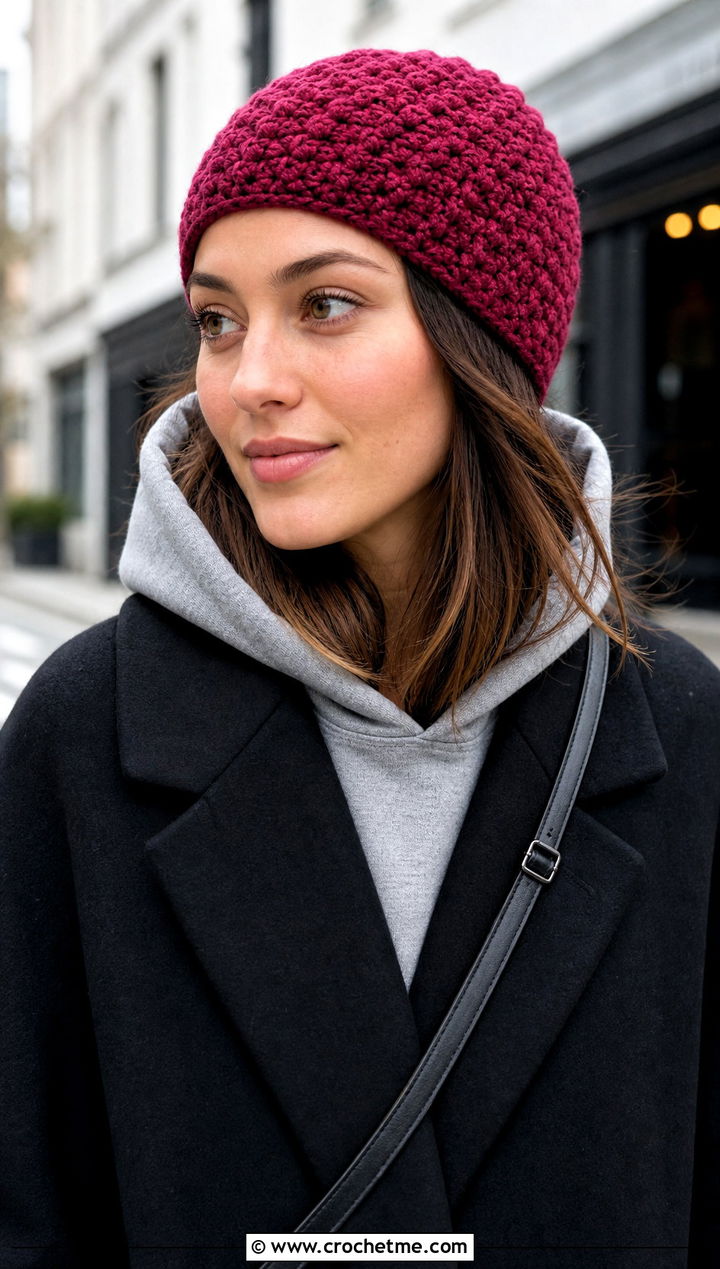 Moss Stitch Crochet Short Beanie With Hoodie And Coat - 20 Moss Stitch Crochet Hat outfit ideas