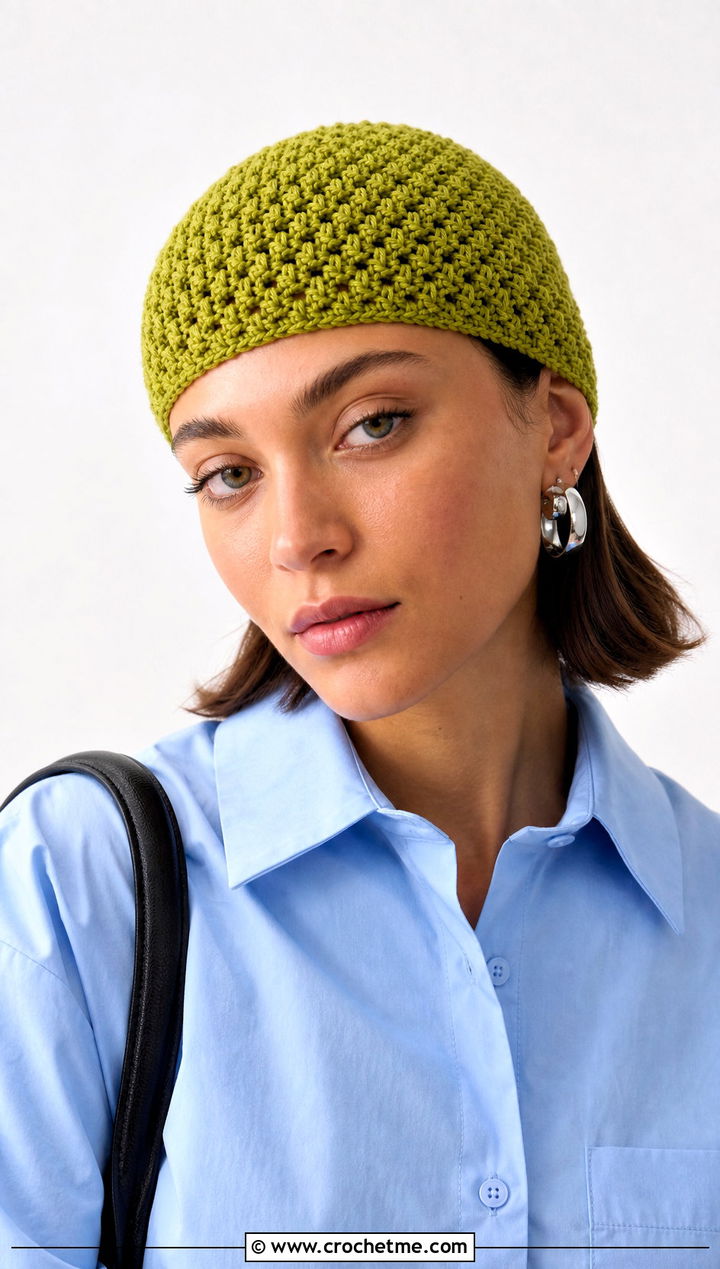 Moss Stitch Crochet Skull Cap With Oversized Shirt - 20 Moss Stitch Crochet Hat outfit ideas