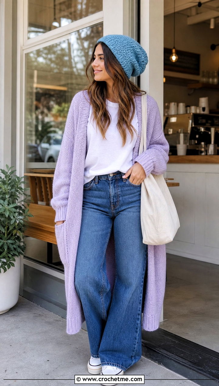Moss Stitch Crochet Slouch Beanie With Cardigan And Wide Leg Jeans - 35 crochet slouch beanie outfit ideas
