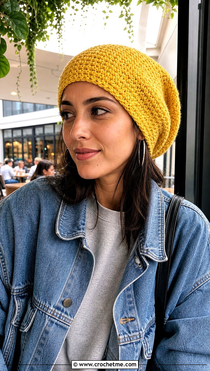 Moss Stitch Crochet Slouchy Beanie With Denim Jacket - 20 Moss Stitch Crochet Hat outfit ideas