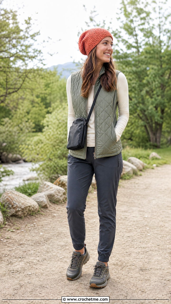 Moss Stitch Crochet Slouchy Hat With Quilted Vest And Hiking Pants - 35 crochet slouchy hat outfit ideas