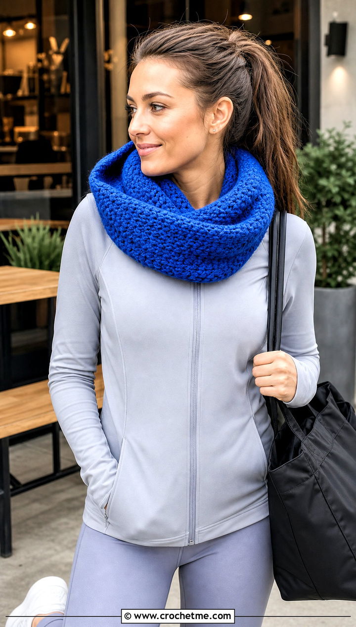 Moss Stitch Crochet Snood Scarf With an Athleisure Set - 25 crochet snood scarf outfit ideas