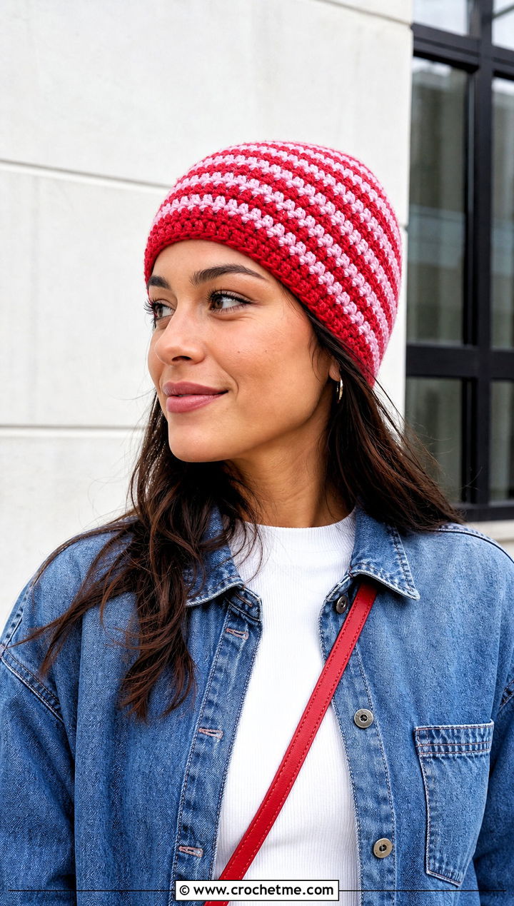 Moss Stitch Crochet Striped Beanie With Double Denim - 20 Moss Stitch Crochet Hat outfit ideas