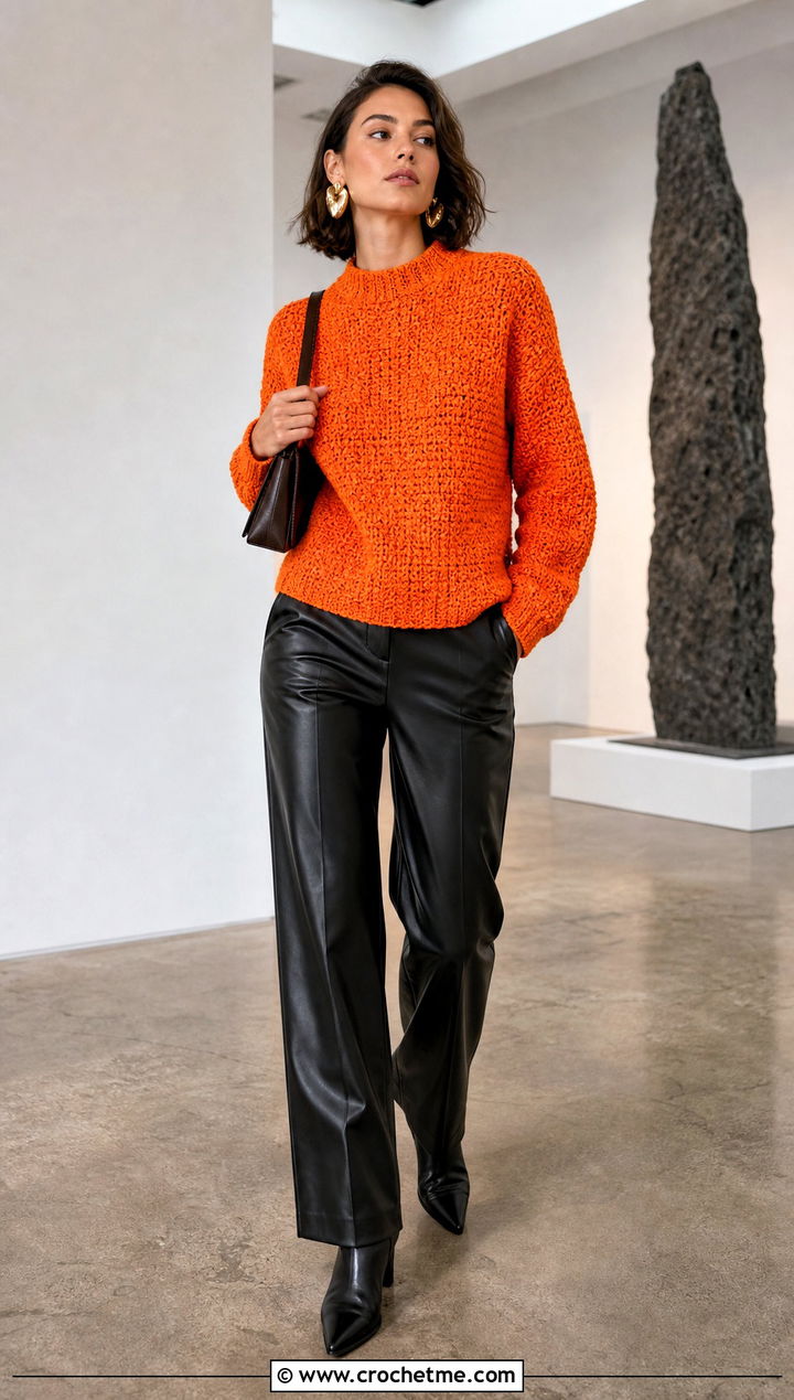 Moss Stitch Crochet Sweater With Leather Pants - 25 Crochet Textured Sweater outfit ideas