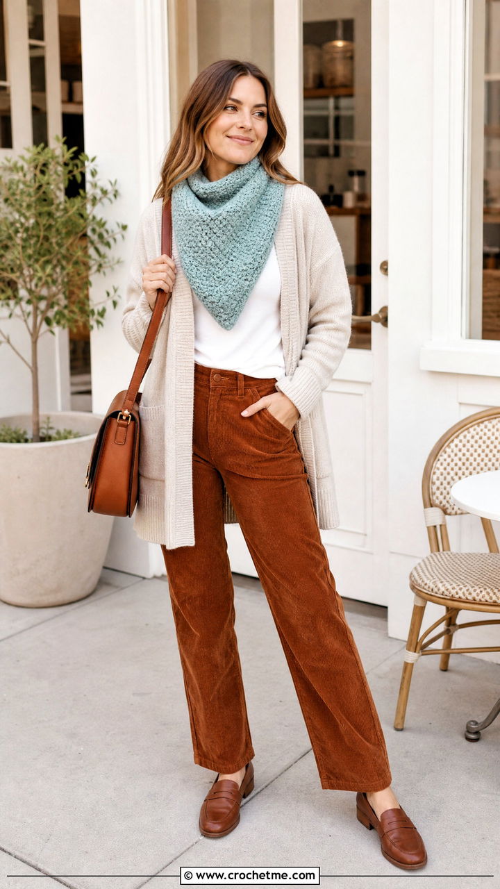 Moss Stitch Crochet Triangle Scarf With Cardigan And Corduroy Pants - 35 crochet triangle scarf outfit ideas