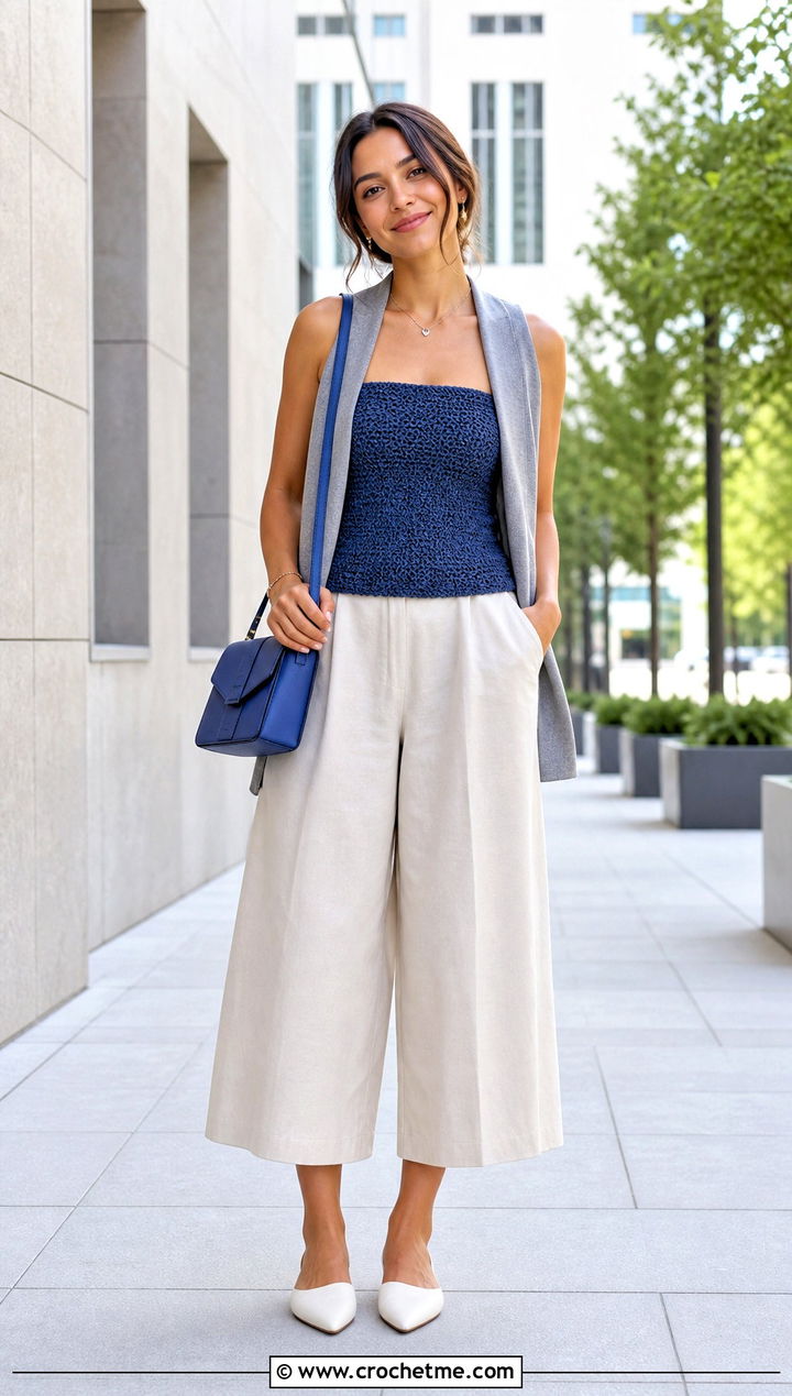 Moss Stitch Crochet Tube Top With Culottes - 35 crochet tube tops outfit ideas