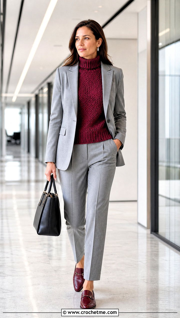 Moss Stitch Crochet Turtle Neck Sweater With Trouser Suit - 35 crochet turtle neck sweater outfit ideas