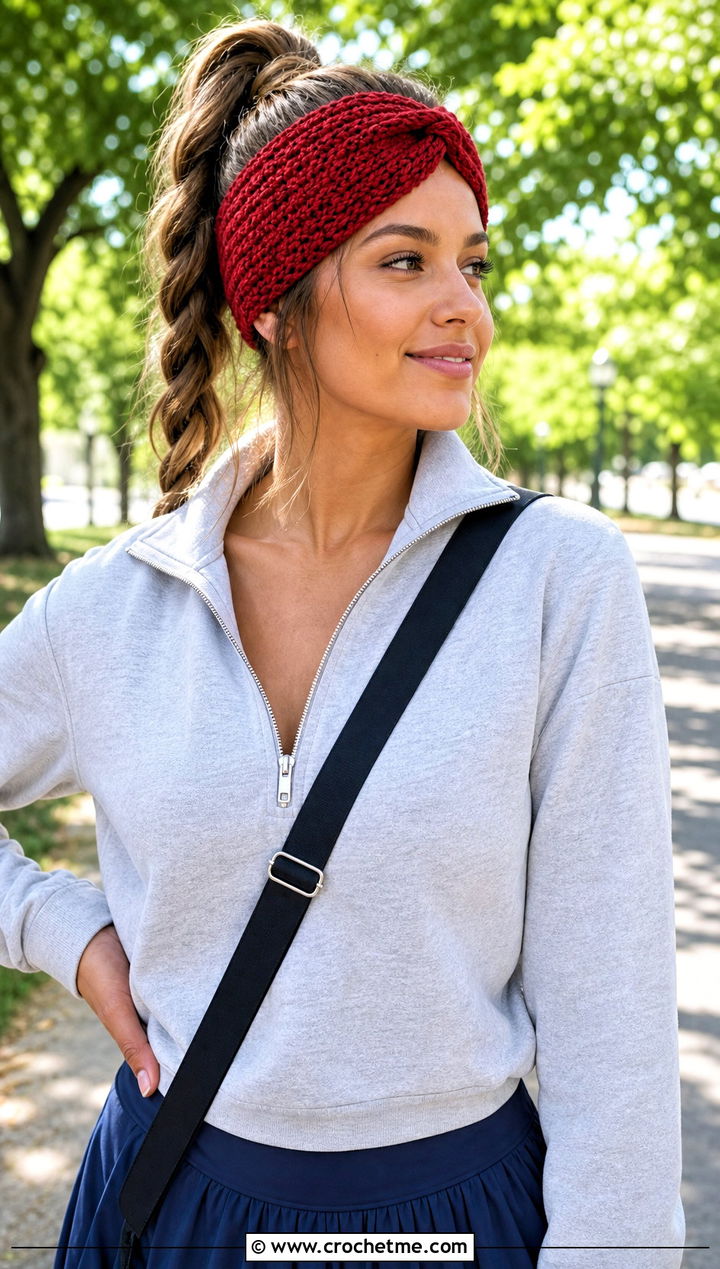 Moss Stitch Crochet Twist Headband With Sporty Skirt Outfit - 30 crochet twist headband outfit ideas