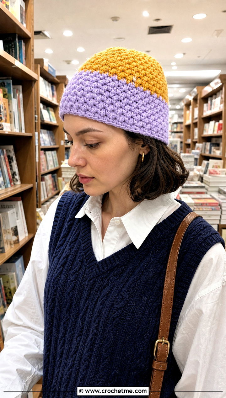 Moss Stitch Crochet Two Tone Beanie With Sweater Vest - 20 Moss Stitch Crochet Hat outfit ideas