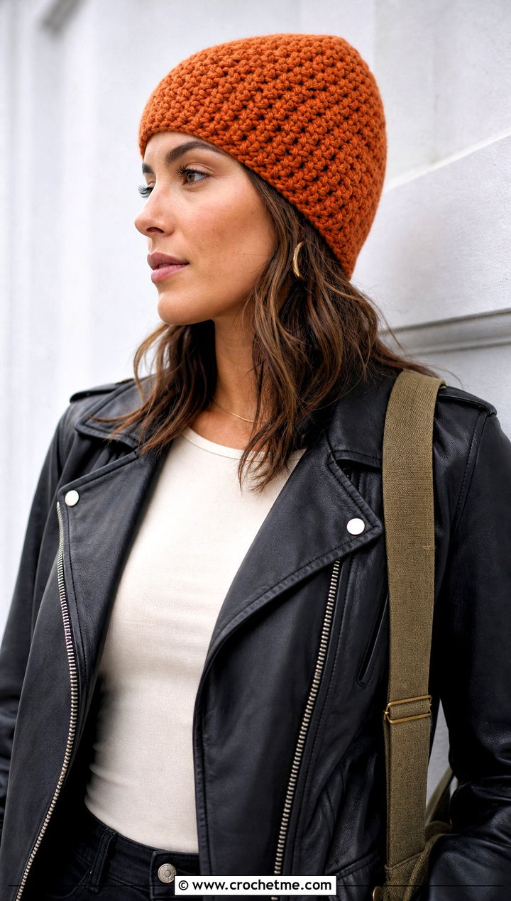 Moss Stitch Crochet Watch Cap With Leather Jacket - 20 Moss Stitch Crochet Hat outfit ideas