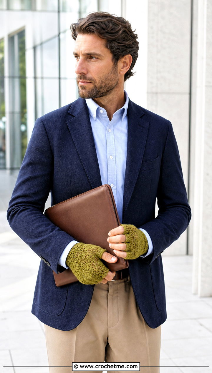 Moss Stitch Crochet Wrist Warmers With Blazer - 25 Crochet Mens Gloves outfit ideas
