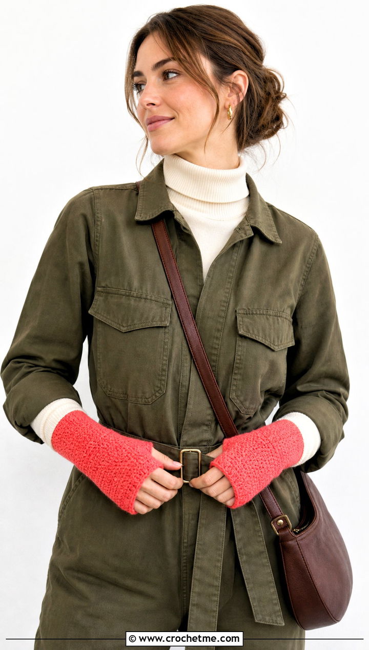 Moss Stitch DK Yarn Crochet Fingerless Gloves With Utility Jumpsuit - 25 dk yarn crochet fingerless gloves outfit ideas