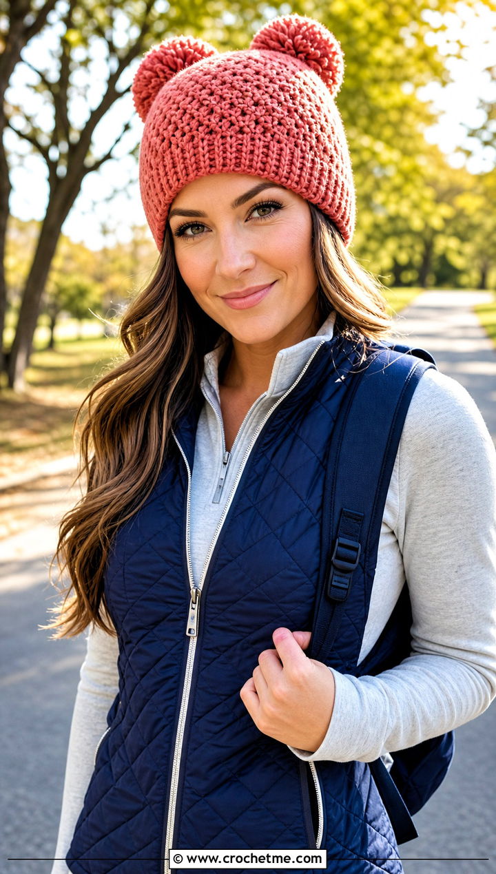 Moss Stitch Double Pom Pom Beanie With Athleisure Set - 25 Crochet Double Pom Pom Hat outfit ideas