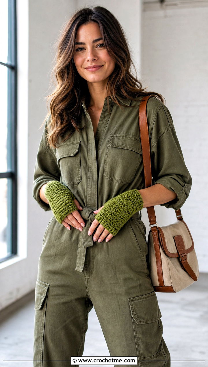 Moss Stitch Fingerless Crochet Gloves With Utility Jumpsuit - 30 fingerless crochet gloves outfit ideas