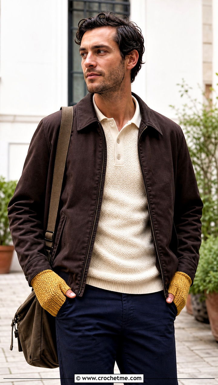 Moss Stitch Fingerless Gloves With Harrington Jacket - 25 Crochet Mens Fingerless Gloves outfit ideas