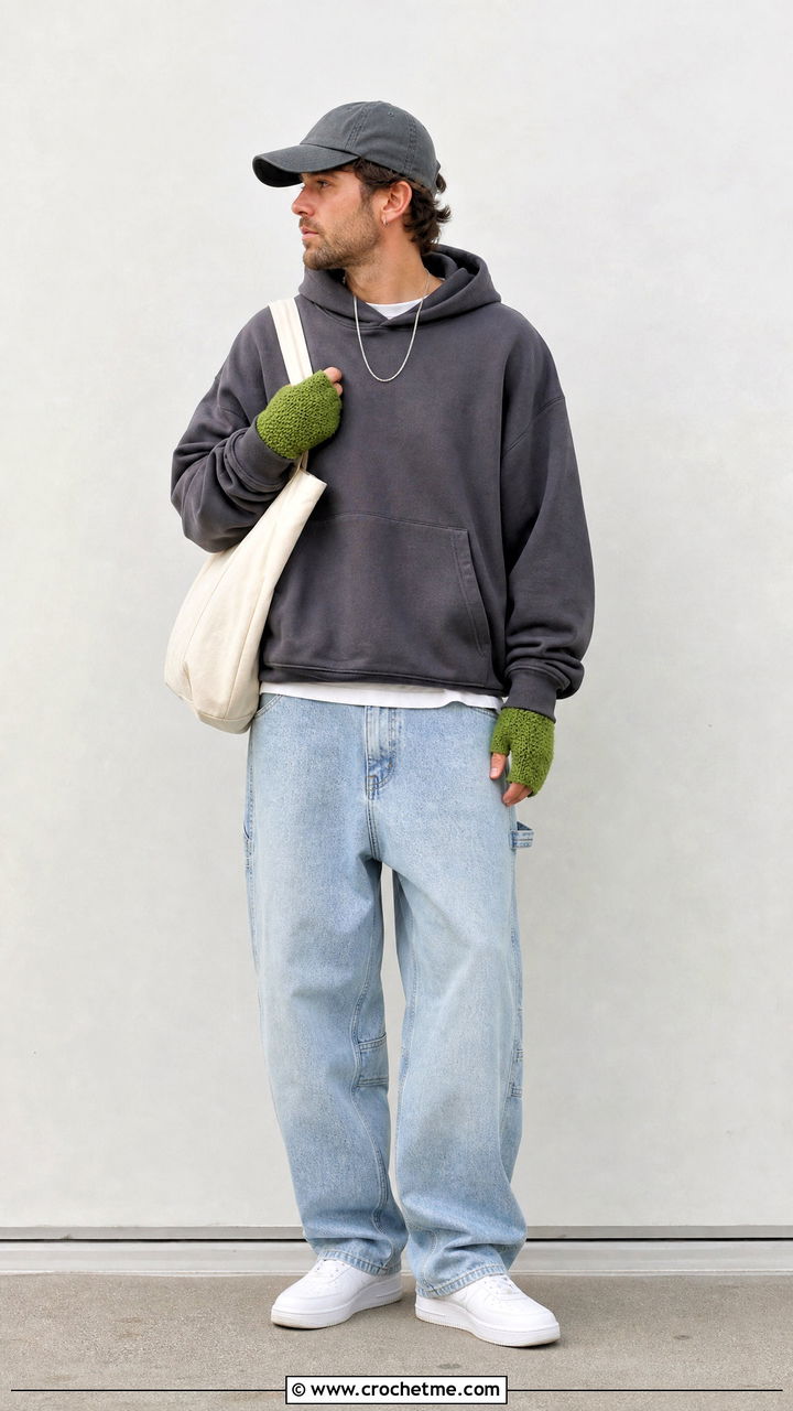 Moss Stitch Fingerless Gloves With Hoodie - 35 crochet gloves for men outfit ideas