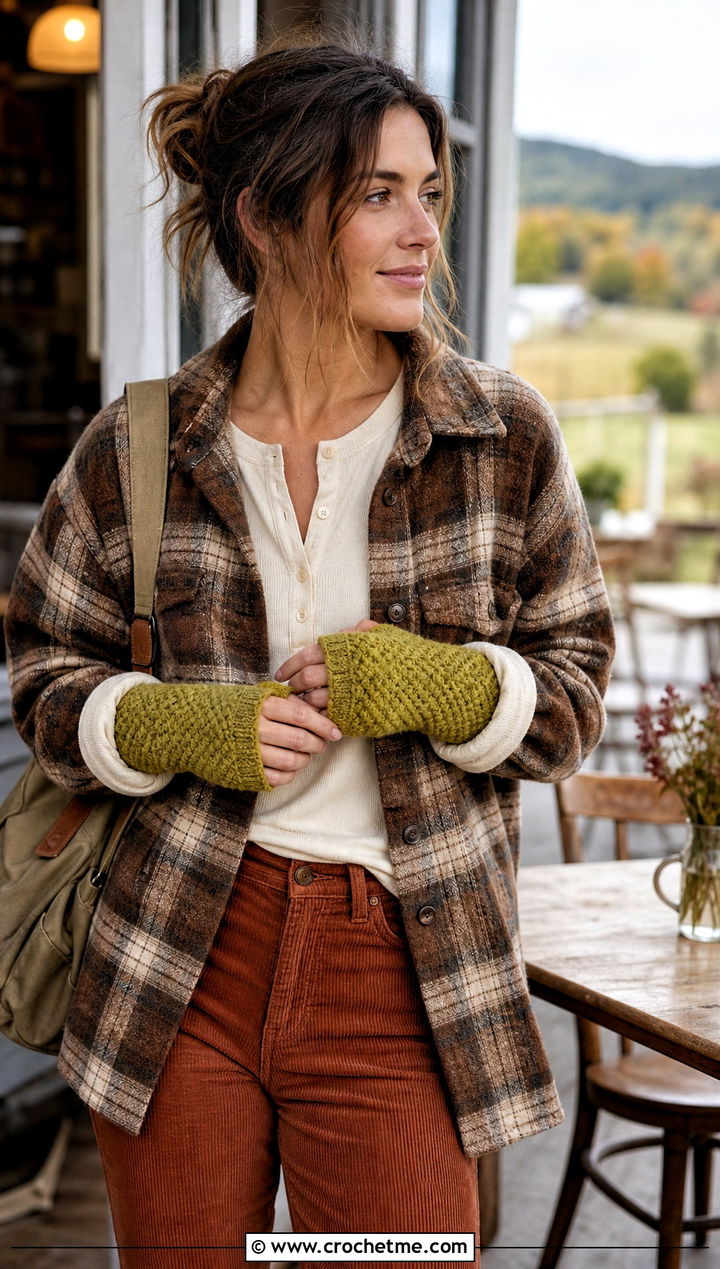 Moss Stitch Fingerless Gloves With Shacket And Corduroy Pants - 30 crocheted fingerless gloves outfit ideas
