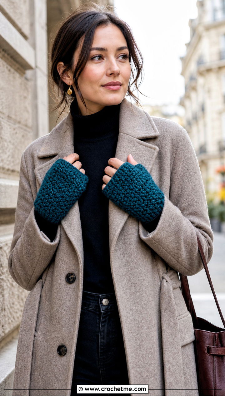 Moss Stitch Fingerless Gloves With Trench Coat - 25 Crochet Fingerless Gloves Bulky Yarn outfit ideas