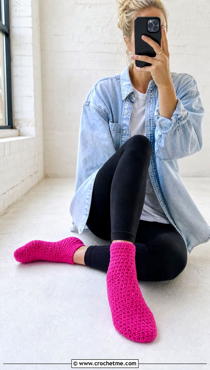 Moss Stitch Flat Crochet Socks With Denim Shirt And Leggings - 25 flat crochet sock outfit ideas