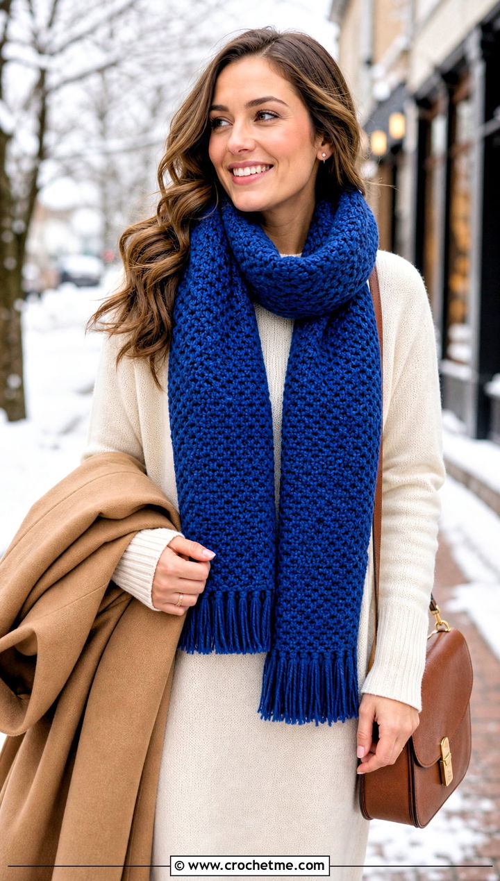 Moss Stitch Fringe Scarf With Sweater Dress - 25 Crochet Scarf Fringe Ideas