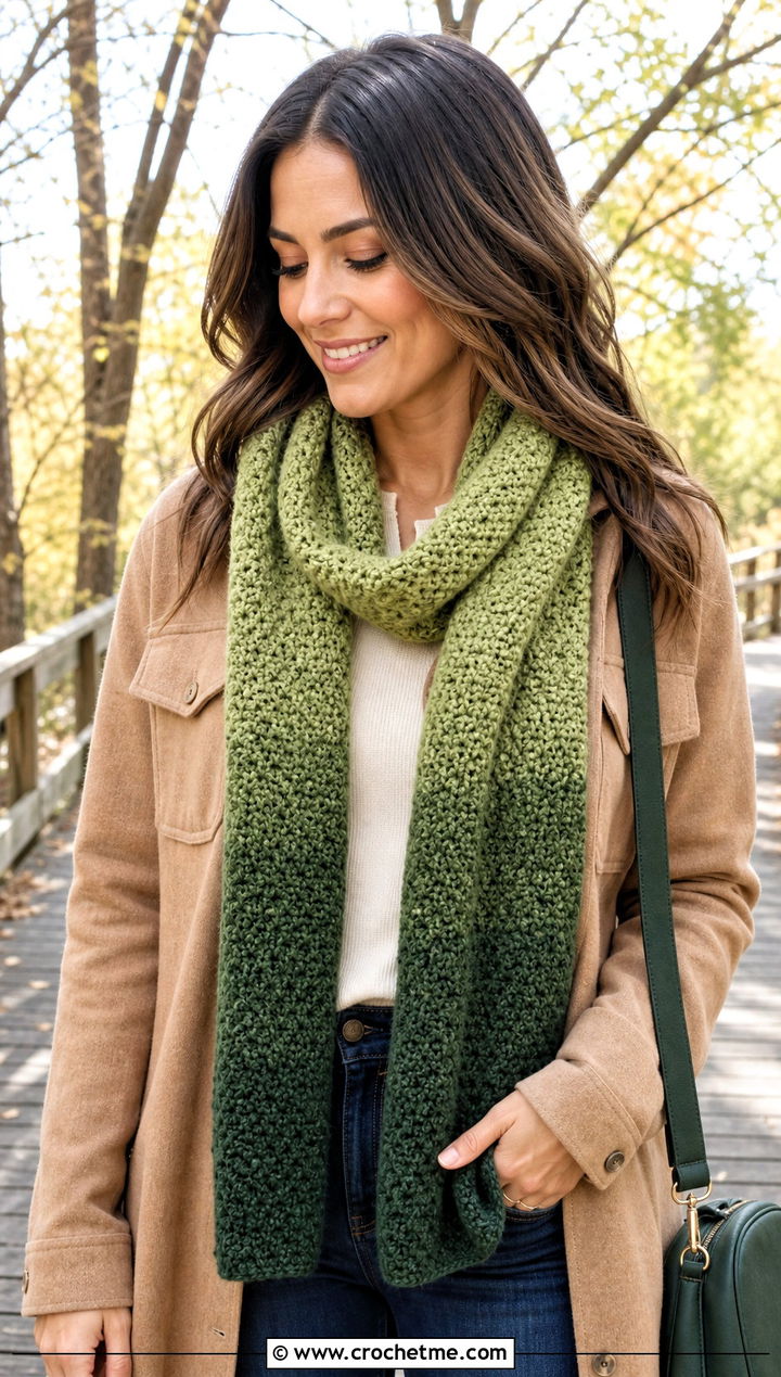 Moss Stitch Gradient Crochet Scarf With Shacket - 25 gradient crochet scarf outfit ideas