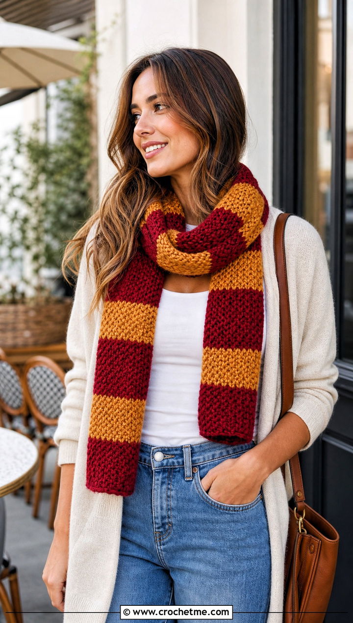 Moss Stitch Gryffindor Crochet Scarf With Cardigan And Jeans - 25 gryffindor crochet scarf outfit ideas