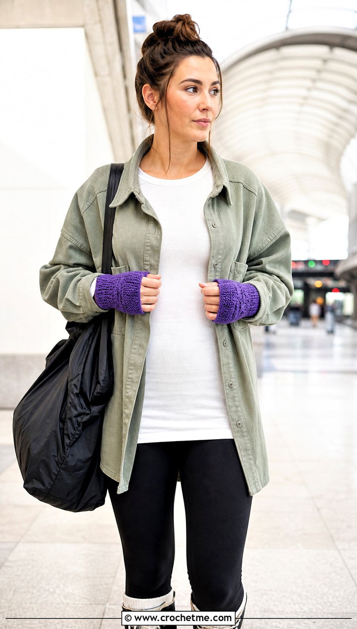 Moss Stitch Hand Warmers With Shacket And Leggings - 30 easy crochet hand warmers outfit ideas