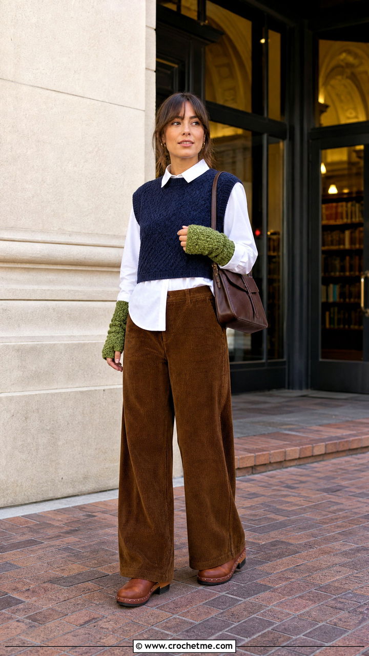 Moss Stitch Handwarmers With Corduroy Pants - 35 Crochet Handwarmer outfit ideas