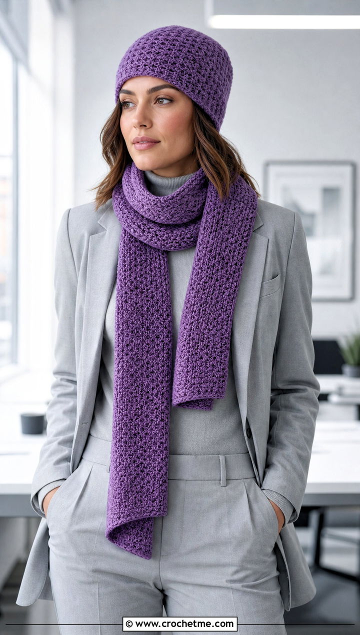Moss Stitch Hat And Scarf Set With Monochrome Suit - 25 Crochet Scarf And Hat Set outfit ideas