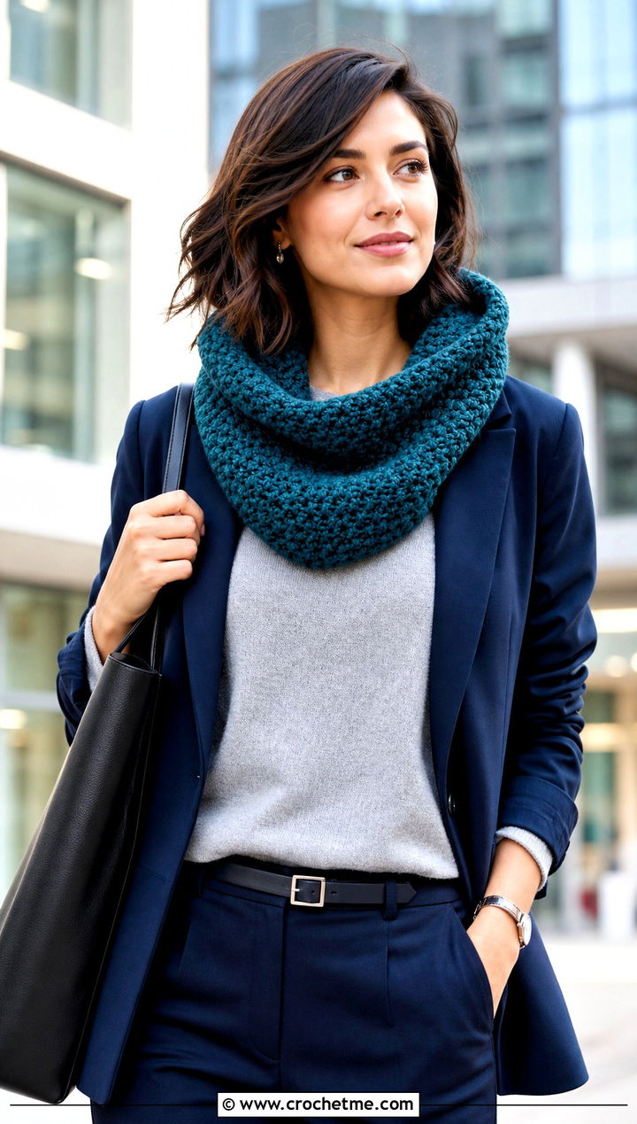 Moss Stitch Hooded Crochet Cowl Snood With Blazer - 25 hooded crochet cowl snood outfit ideas