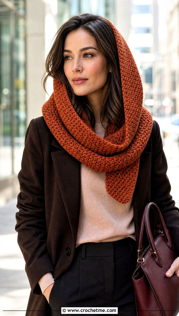 Moss Stitch Hooded Scarf With Tailored Coat - 25 Crochet Hoodie Scarf outfit ideas