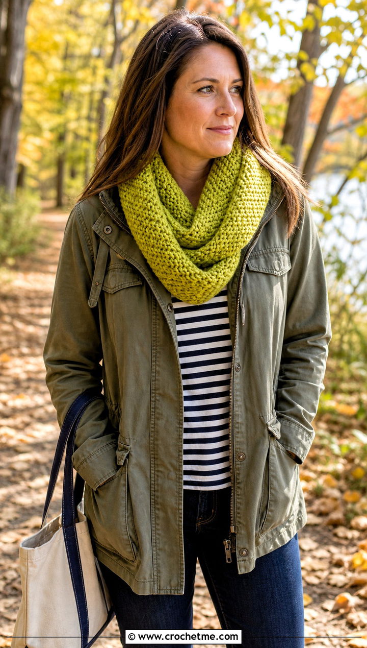 Moss Stitch Infinity Scarf With Utility Jacket - 30 easy crochet infinity scarf outfit ideas