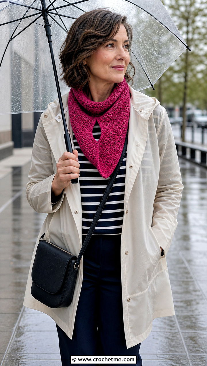 Moss Stitch Keyhole Crochet Scarf With Raincoat - 25 Keyhole Crochet Scarf outfit ideas