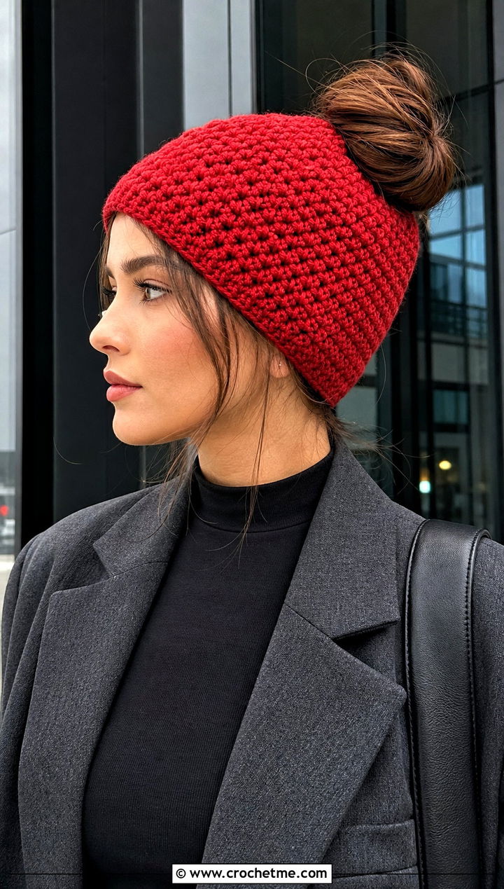 Moss Stitch Messy Bun Crochet Beanie With Blazer - 30 easy messy bun crochet beanie outfit ideas