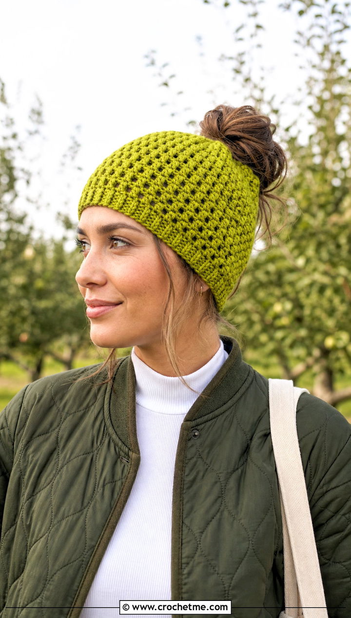 Moss Stitch Messy Bun Crochet Hat With Quilted Jacket - 25 messy bun crochet hat with hair tie outfit ideas
