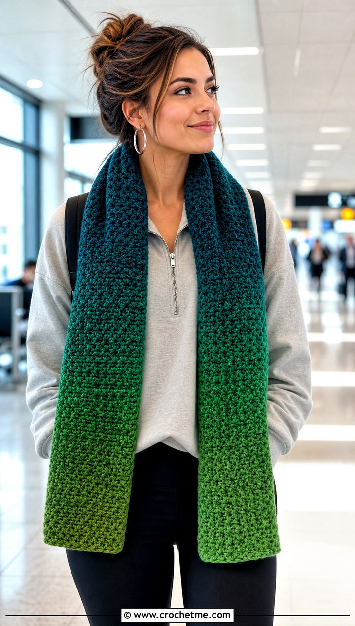 Moss Stitch Ombre Crochet Scarf With Athleisure Outfit - 25 Ombre Crochet Scarf outfit ideas
