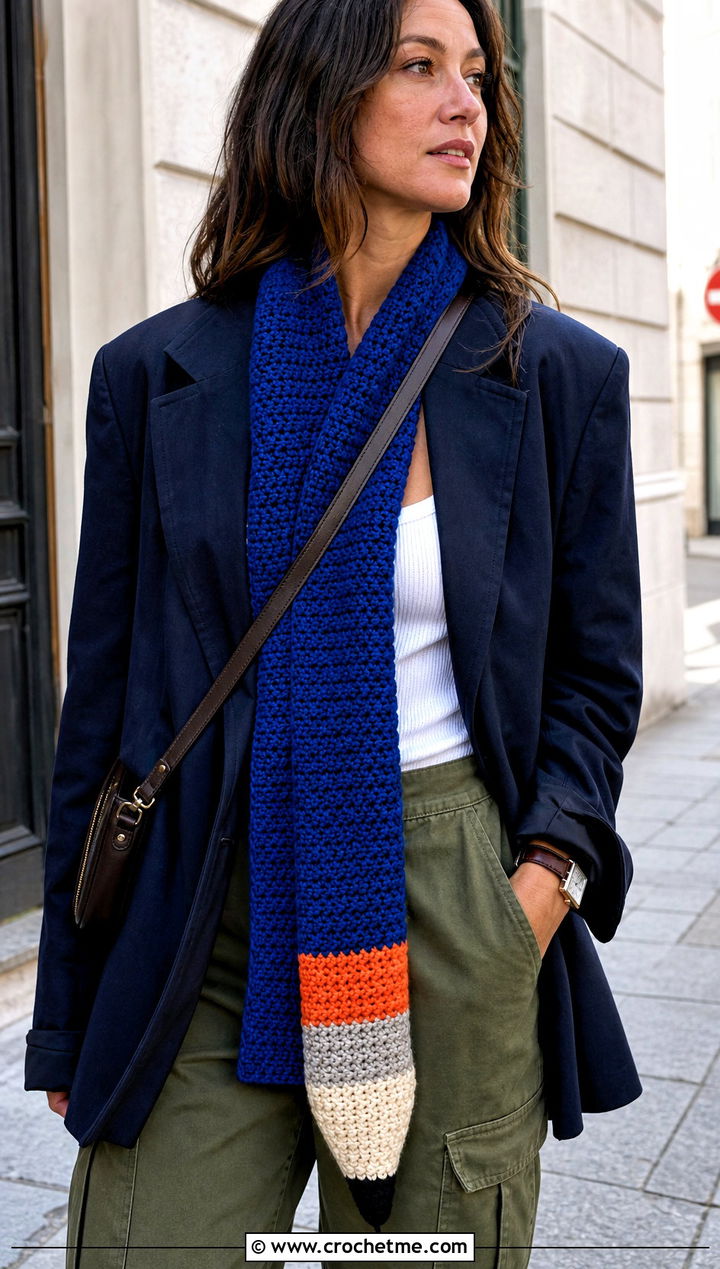 Moss Stitch Pencil Crochet Scarf With Cargo Pants - 30 Pencil Crochet Scarf outfit ideas