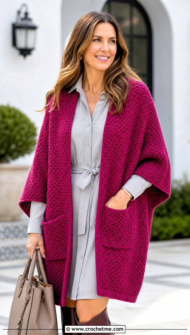 Moss Stitch Pocket Crochet Shawl With Shirt Dress - 15 Pocket Crochet Shawl outfit ideas