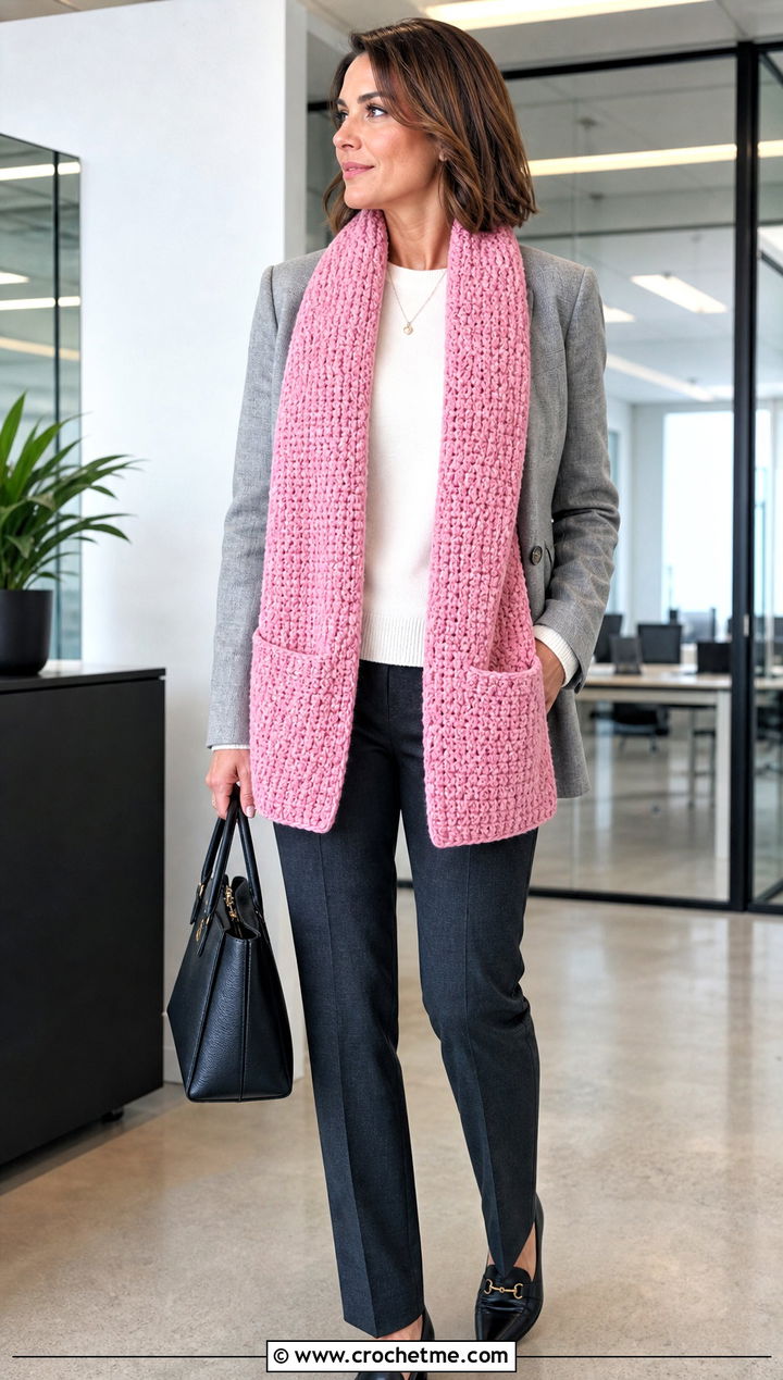 Moss Stitch Pocket Scarf With Blazer And Trousers - 25 crochet pocket scarves outfit ideas