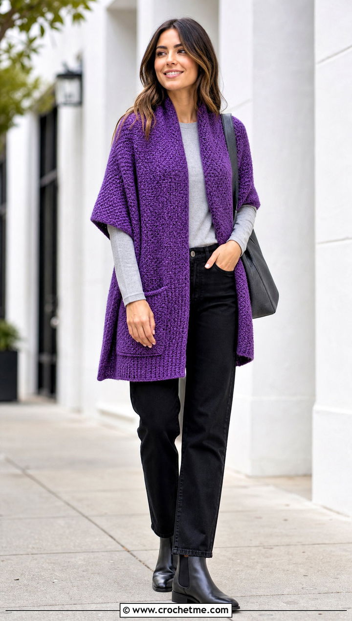 Moss Stitch Pocket Shawl With Black Jeans - 25 Easy Crochet Shawl With Pockets outfit ideas