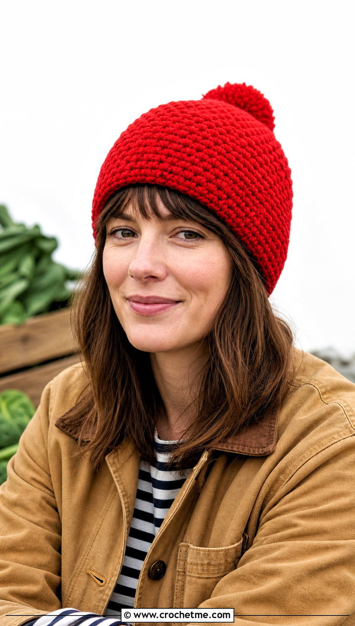 Moss Stitch Pom Pom Beanie With Chore Jacket - 30 crochet beanie with pom pom outfit ideas