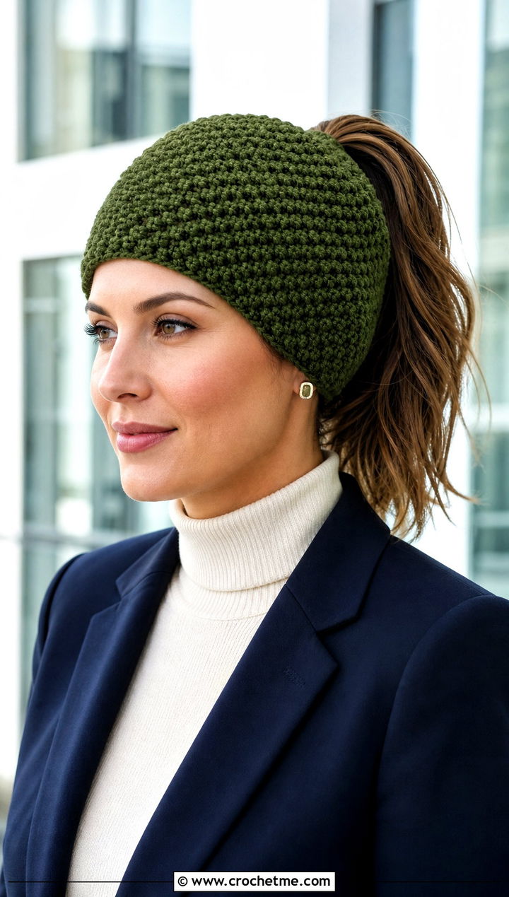 Moss Stitch Ponytail Beanie With Blazer And Wide Leg Pants - 30 crochet beanie with ponytail hole outfit ideas