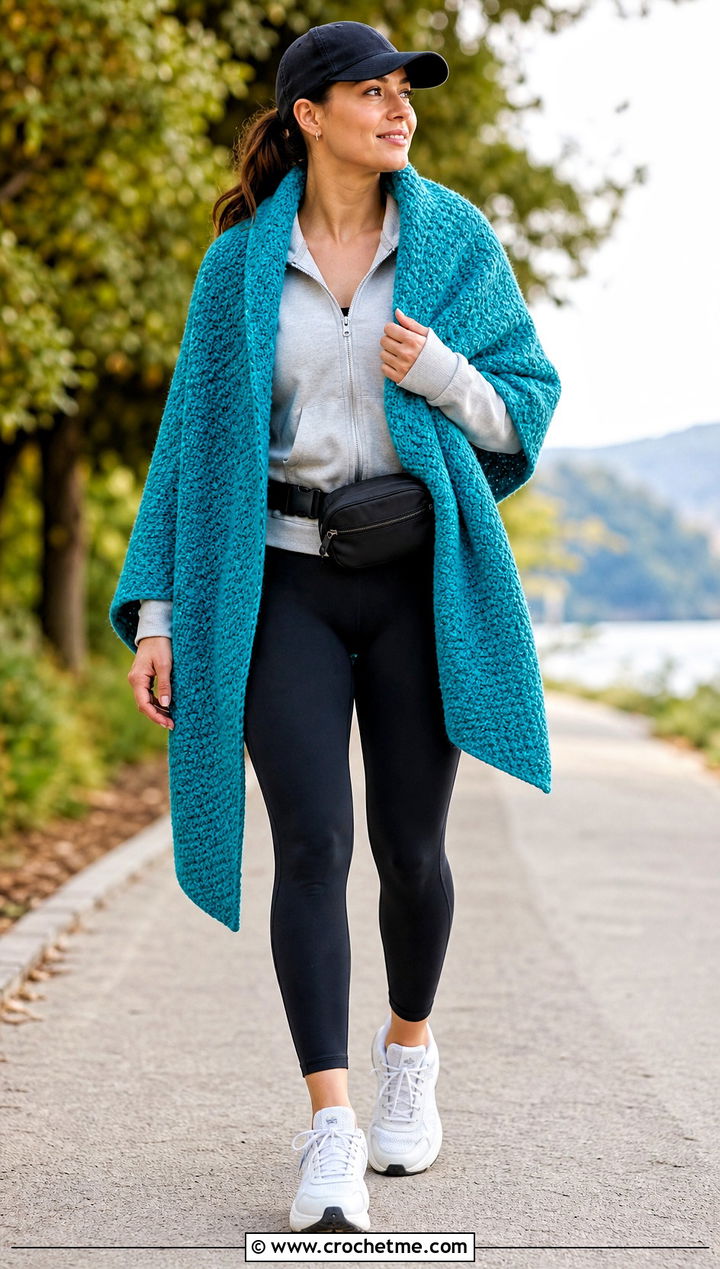 Moss Stitch Rectangle Crochet Shawl With Leggings - 20 Rectangle Crochet Shawl outfit ideas