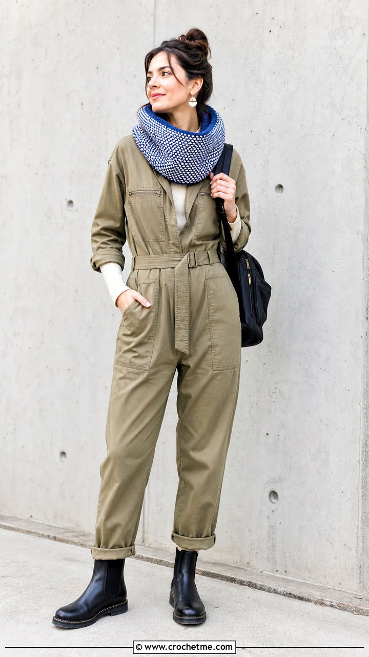 Moss Stitch Scoodie With Utility Jumpsuit - 35 crochet hooded scarf outfit ideas